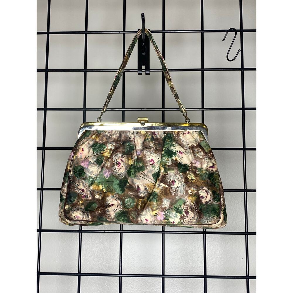 Vintage Rolfs Impressionist Floral Satin Kiss-Lock Handbag w/ Pink Satin Lining